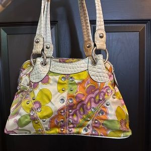 Kathy van Zealand purse fun floral & gems boho 70s chic rhinestone storage plus!